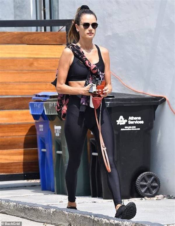 Alessandra Ambrosio, 39, Shows off Toned Abs in a Striped Bikini While Chilling with Her Kids