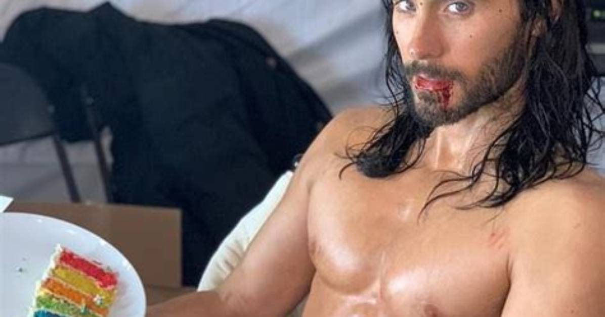 Jared Leto Celebrates 50Th Birthday Shirtless with a Slice of Rainbow Cake — Photo