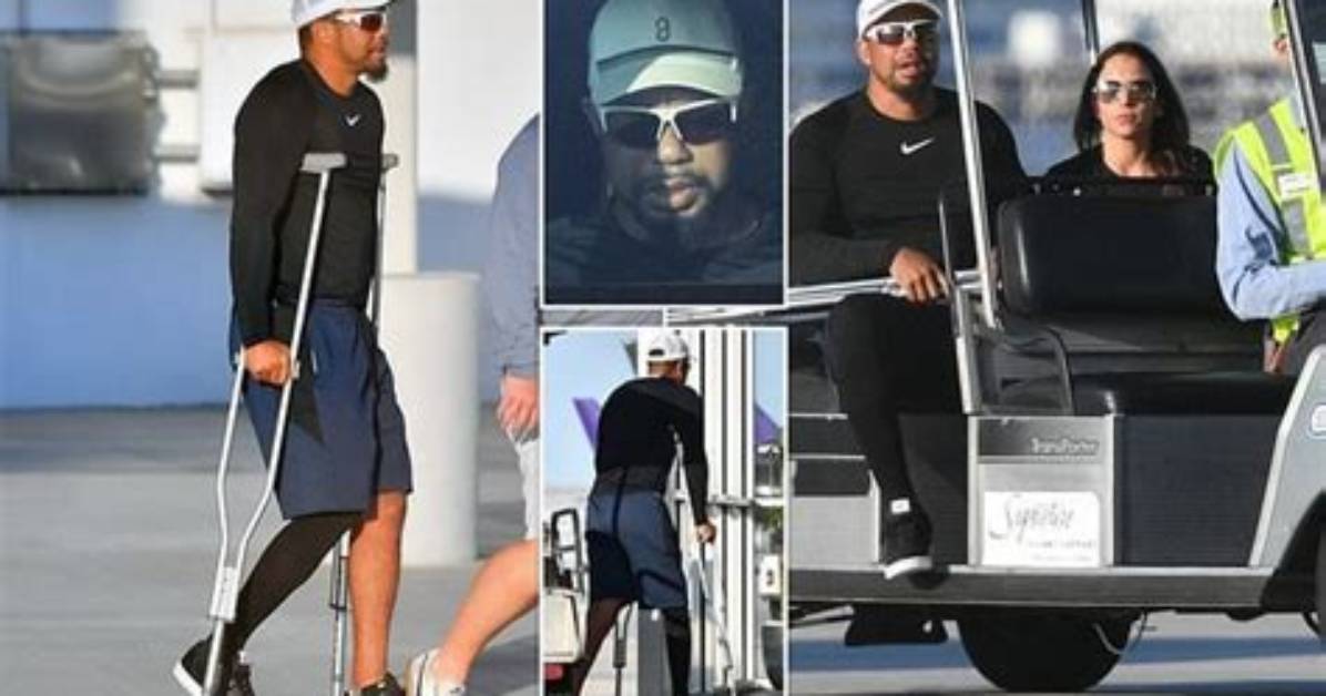 Tiger Woods Is Seen on Crutches 5 Months After Surgery Following Car Crash — Photos